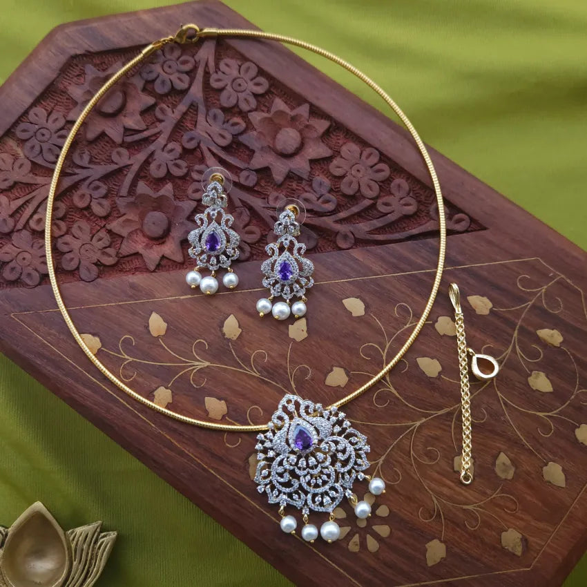 Floral Peacock AD Hasli Neckpiece (Purple)