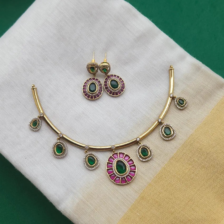 Hasli Necklace Set with Green & Pink Stones