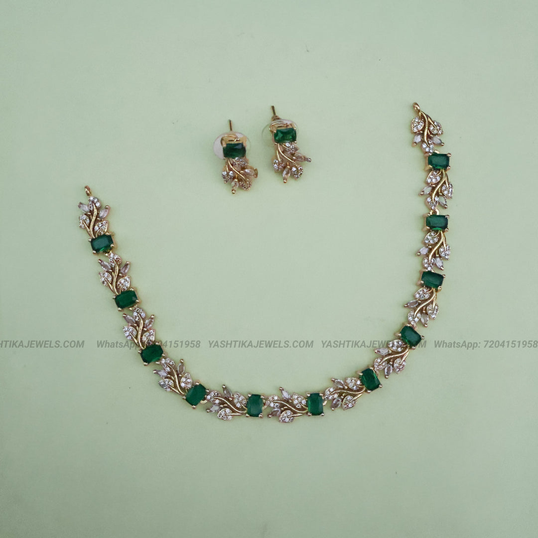 AD Leafy Necklace with Earrings- Green