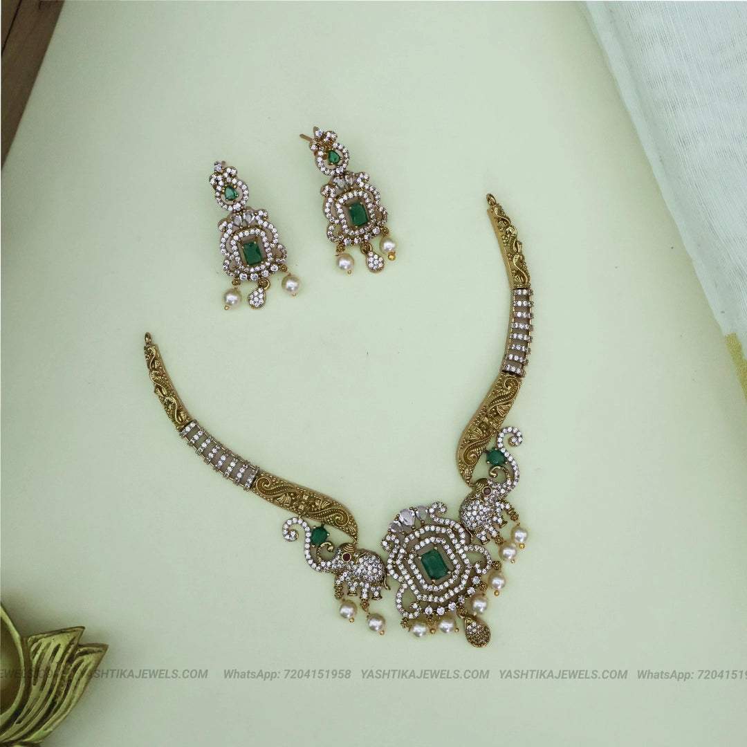 Victorian Antique Elephant Necklace Set | CZ Emerald Stones