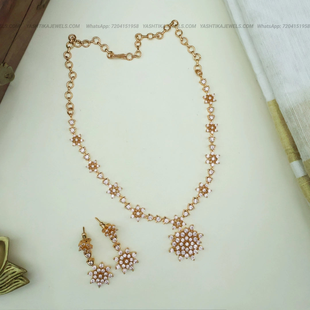Floral White Stones Necklace Set | Gold Finish| Diamond Replica