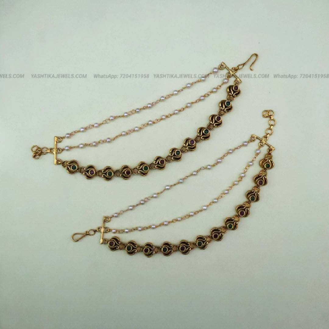 Antique Gold Layer Bridal Earchain | Green & Ruby Stone