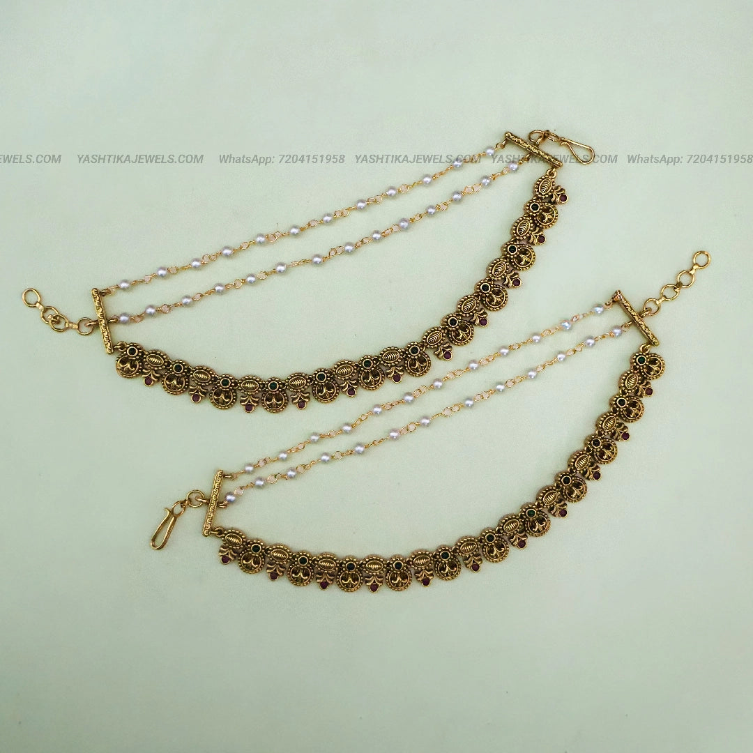 Antique Gold Layered Bridal Earchain | Pearl & Ruby-Green Stone