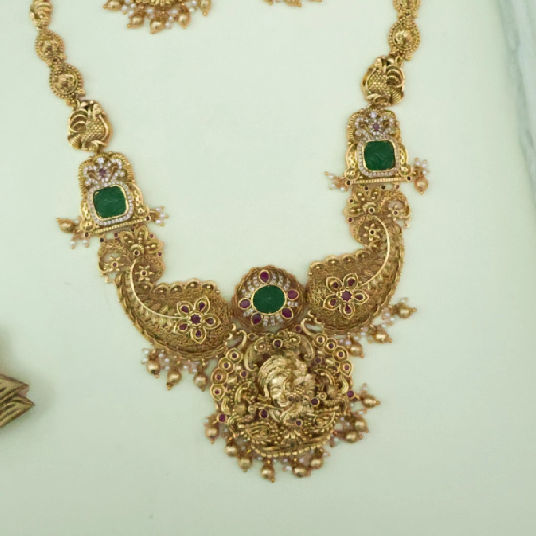 Antqiue finish Bold Bridal Krishna Necklace with earrings | Mid-Length - Vedika