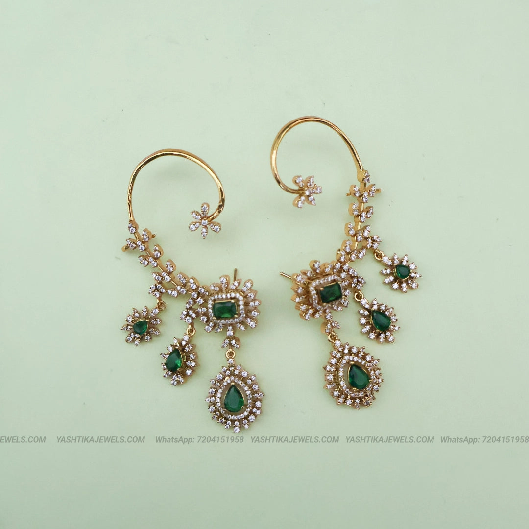 Green Stone Long Dangle Earrings – Floral Gold Finish