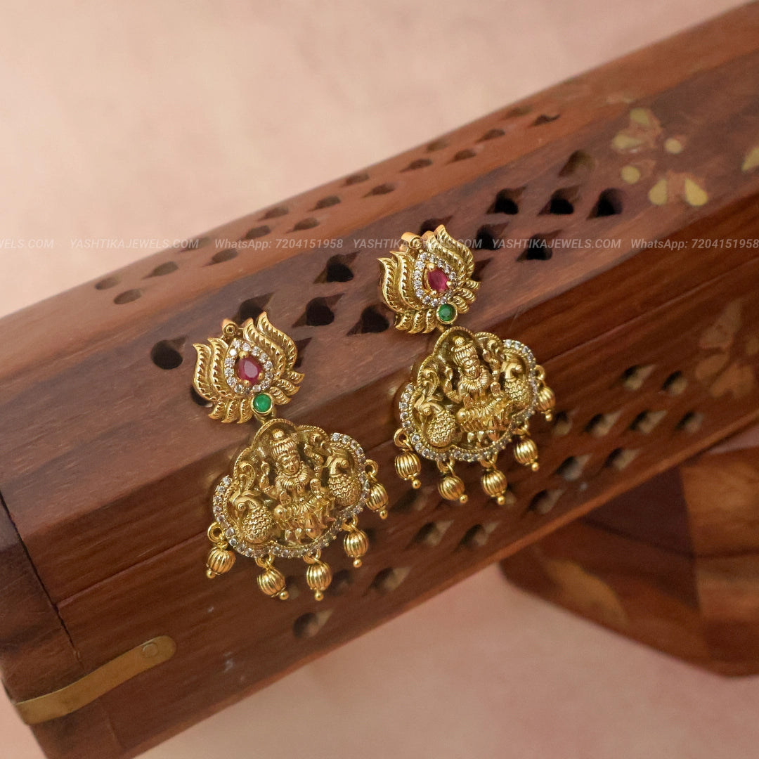 Lotus Lakshmi Chandballi Earrings with Ruby Red and Green Stones