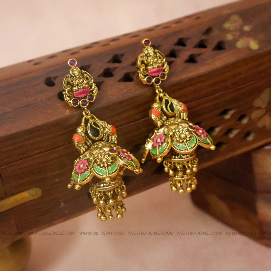 Meenakari Antique Gold Tone Temple Jhumka with Peacock Motif & Multicolor Enamel