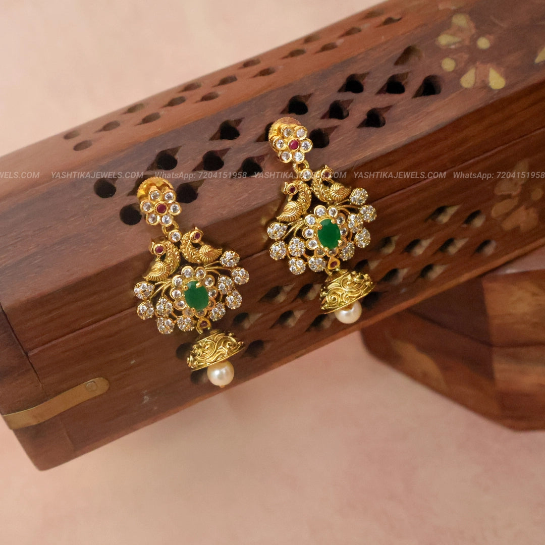 Antique Gold Green Stone Chandballi Earrings | Floral Pearl Drop