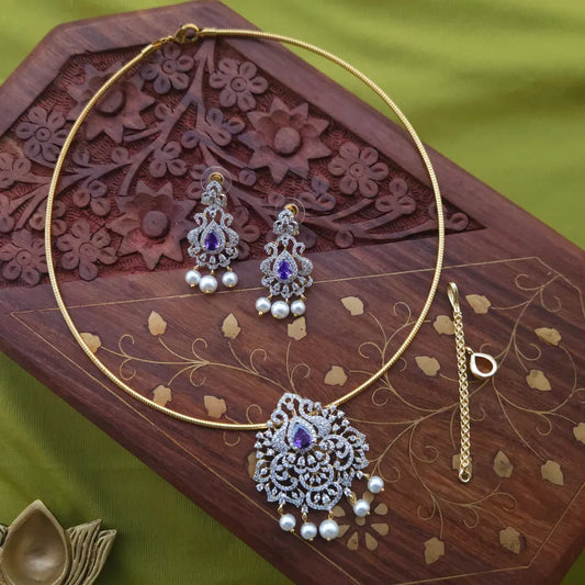 Floral Peacock AD Hasli Neckpiece (Purple)