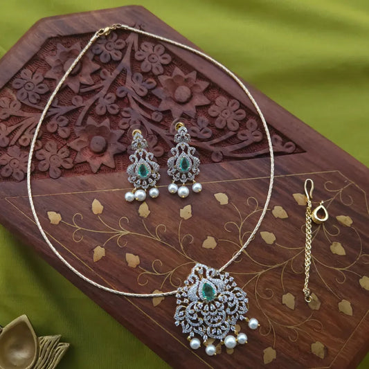 Floral Peacock AD Hasli Neckpiece (Mint Green)