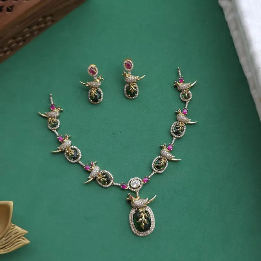 Emerald Green Parrot AD Necklace - Party Wear