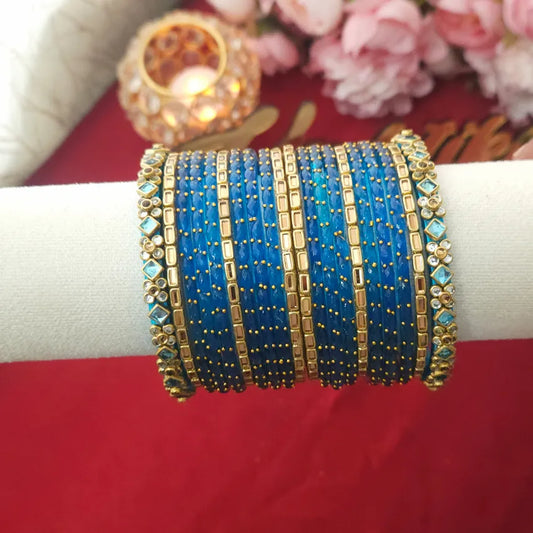 Floral Kundan &amp; Glass Bangles Mixed - Blue