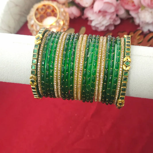 Kundan &amp; Glass Bangles Mixed - Dark Green
