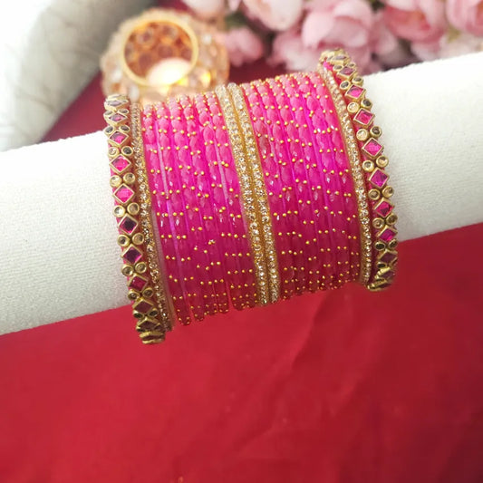 Floral Kundan &amp; Glass Bangles Mixed - Rani Pink