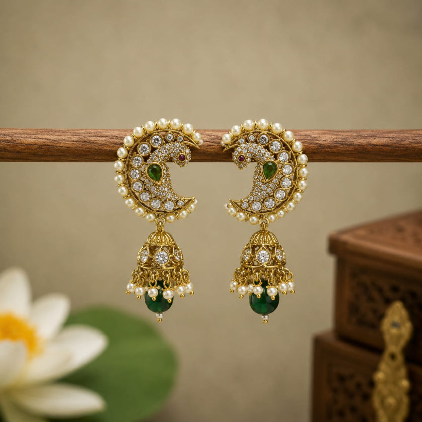 Half Moon Peacock Jhumka - Green