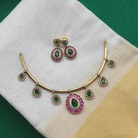 Hasli Necklace Set with Green &amp; Pink Stones