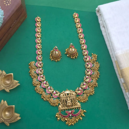 Lakshmi Peacock temple jadau haram in antique gold - full bridal necklace