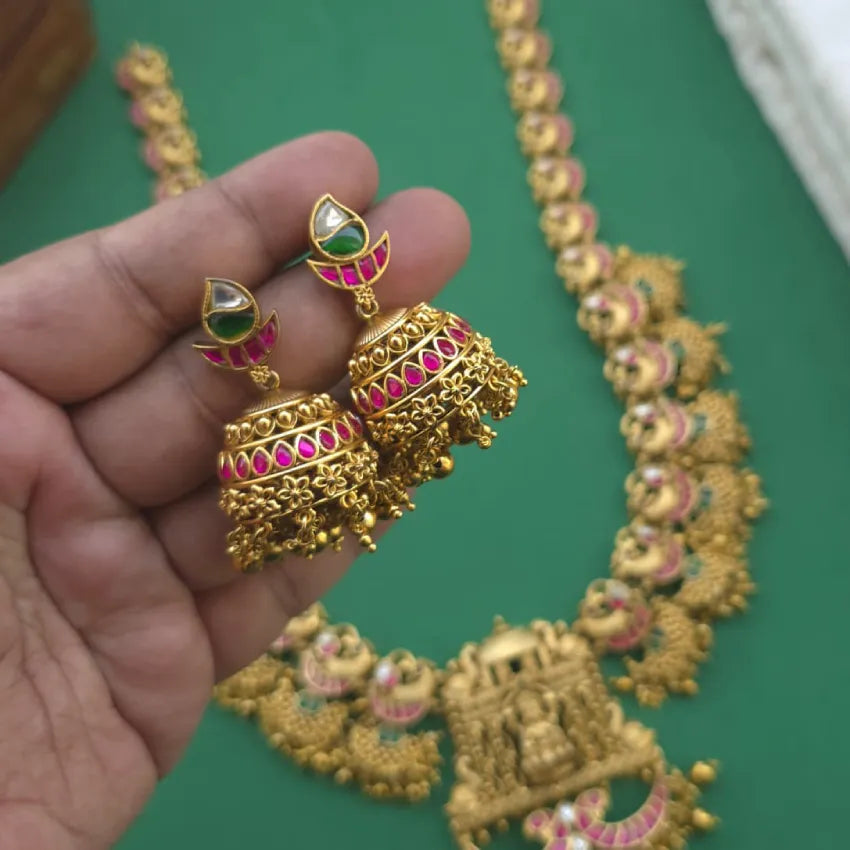 Matching jhumka earrings for Lakshmi Peacock temple jadau haram set