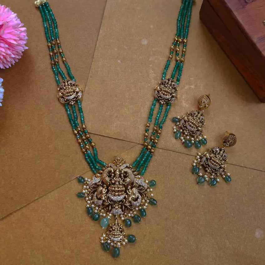 Antique Lakshmi Pendant Green Beads Haram