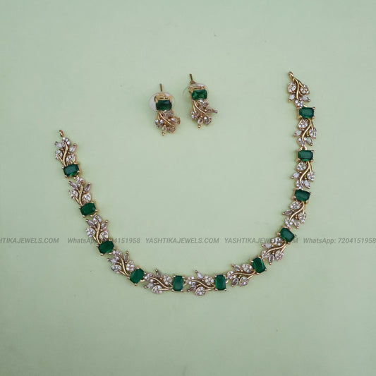 AD Leafy Necklace with Earrings- Green