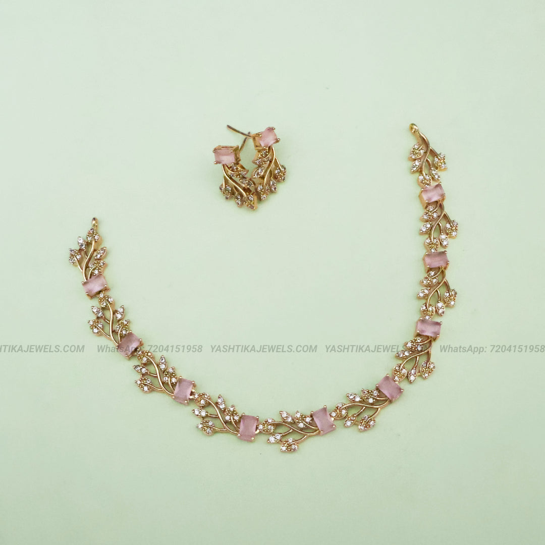 AD Leafy Necklace with Earrings- Pink