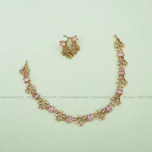 AD Leafy Necklace with Earrings- Pink