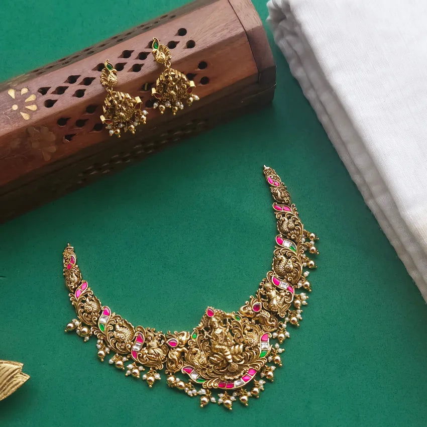 Magizhini Antique Jadau Temple Designer Necklace