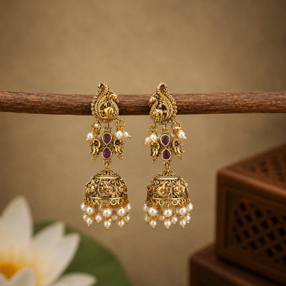Peacock Pearl Jhumka - Gold inspired
