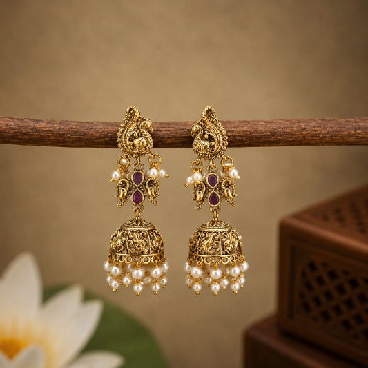 Peacock Pearl Jhumka - Gold inspired