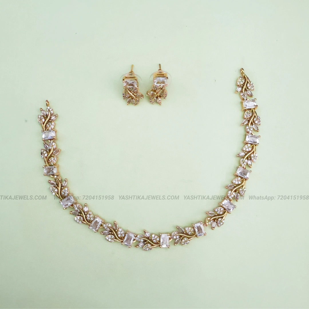 AD Leafy Necklace with Earrings- white