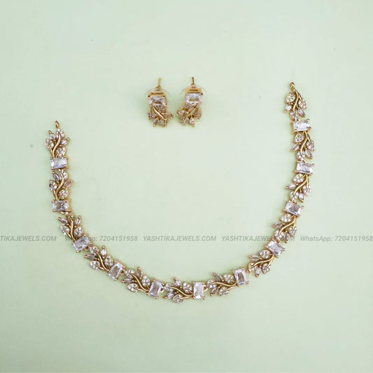 AD Leafy Necklace with Earrings- white