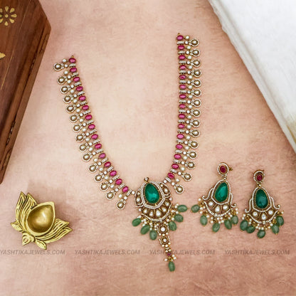 Emerald Kundan Haaram Set | Ruby & Pearl Long Necklace with Earrings