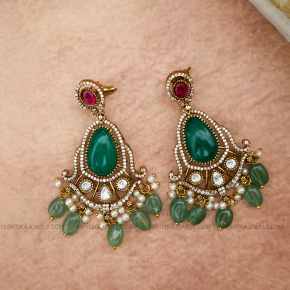 Emerald Kundan Haaram Set | Ruby & Pearl Long Necklace with Earrings