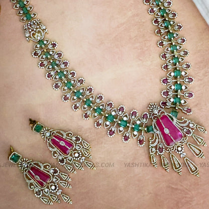 Victorian statement haram with emerald and ruby-tone Moissanite stones
Matching earrings for Victorian emerald ruby statement haram