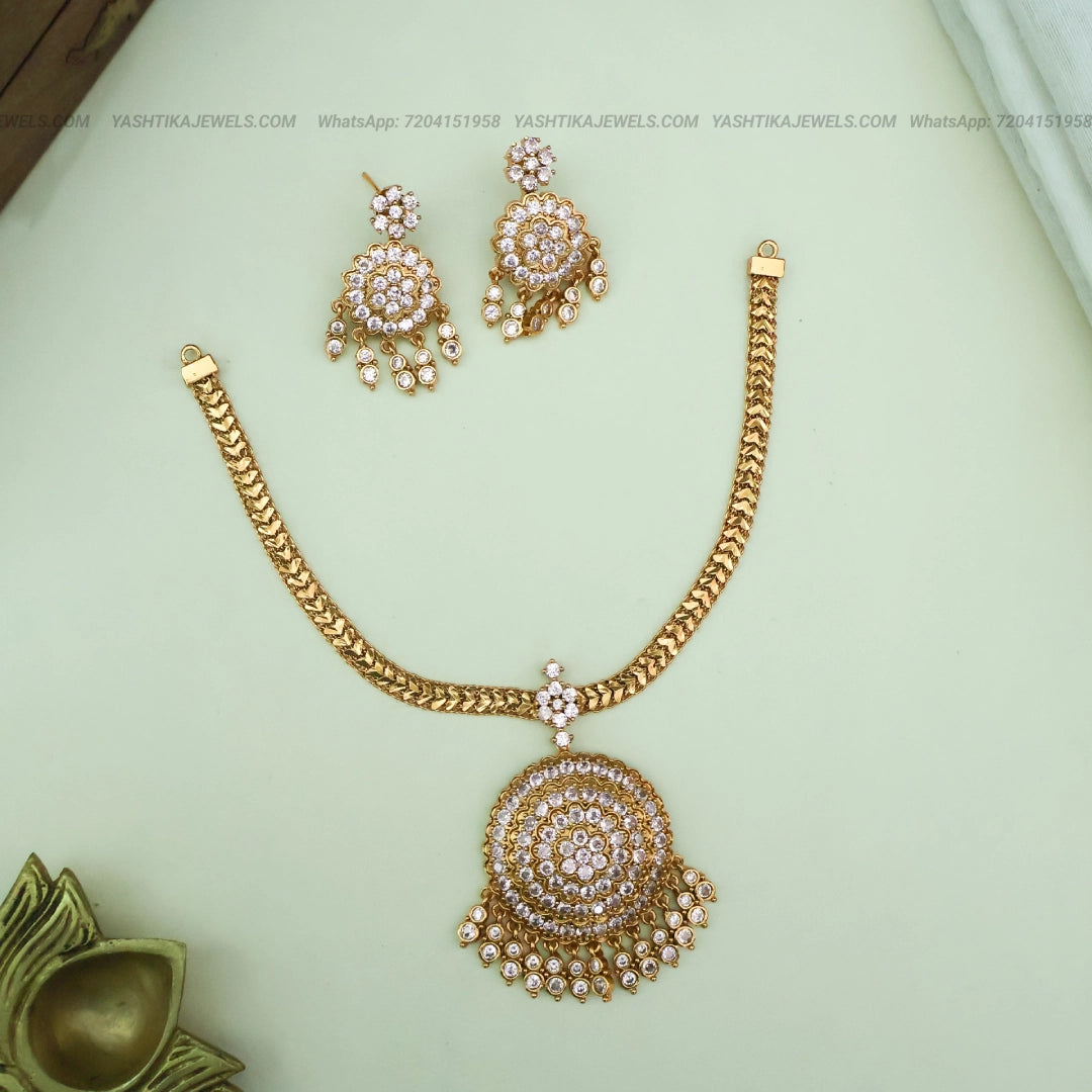 American Diamond Floral Adigai Necklace Set with Earrings