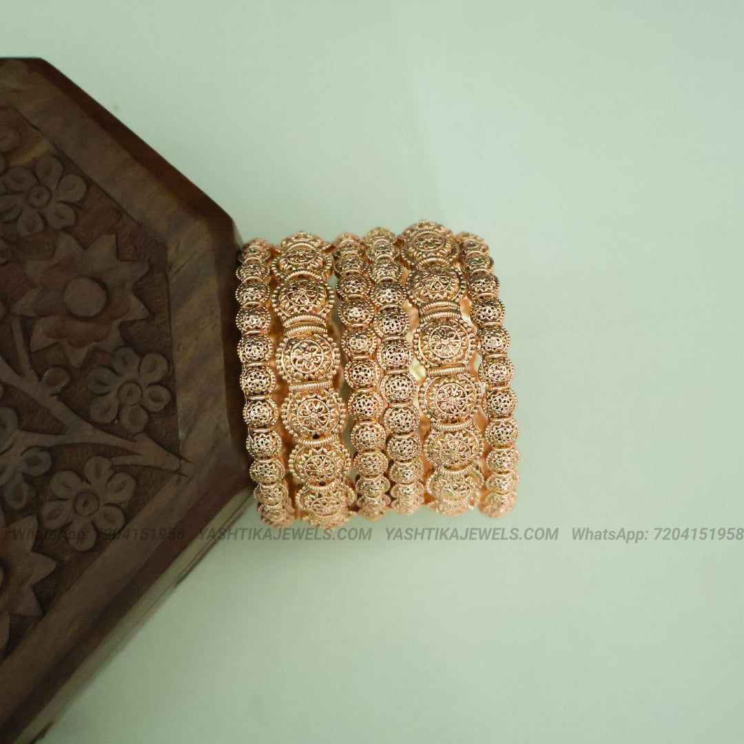 Matte gold floral filigree bangles set of 6 - premium brass stack