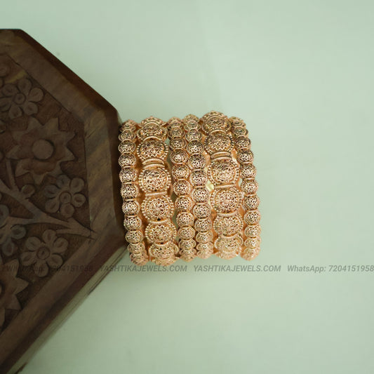 Matte gold floral filigree bangles set of 6 - premium brass stack