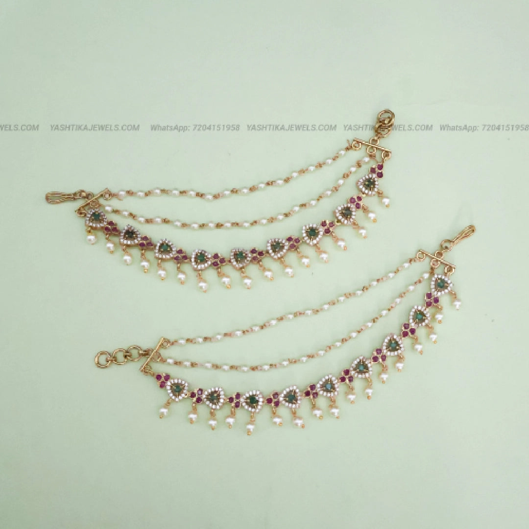 Green & Ruby 3 Layer Floral Earchain | Pearl Drop Traditional Ear Chain