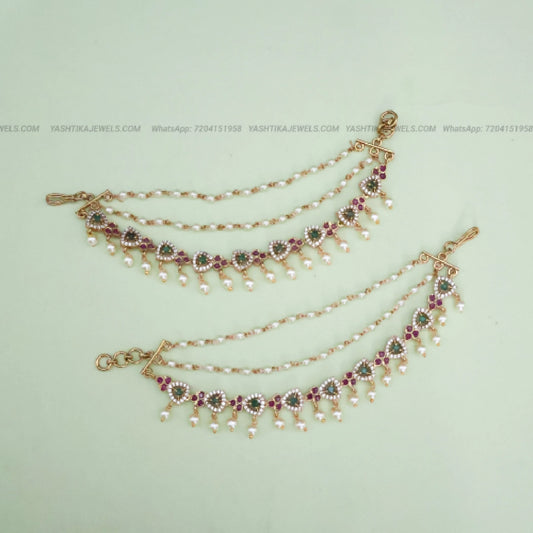 Green & Ruby 3 Layer Floral Earchain | Pearl Drop Traditional Ear Chain