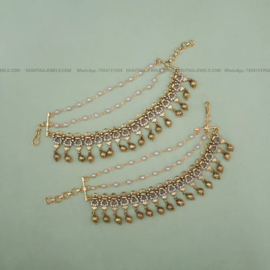 Antique Gold 3-Layer Bridal Earchain | White Stone & Pearl Traditional Ear Chain