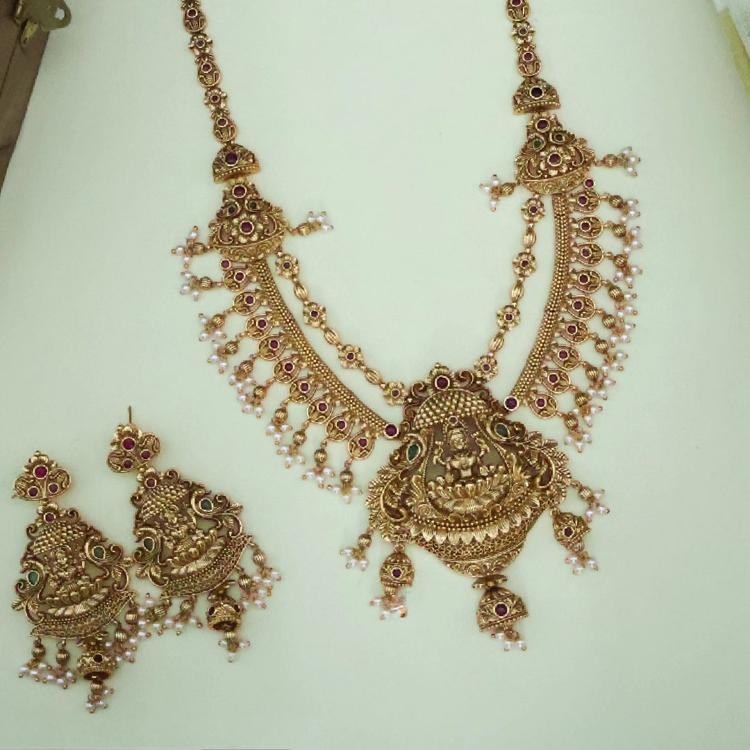 Antique Bold Bridal Haram | Dual Layer Lakshmi Pendant Set