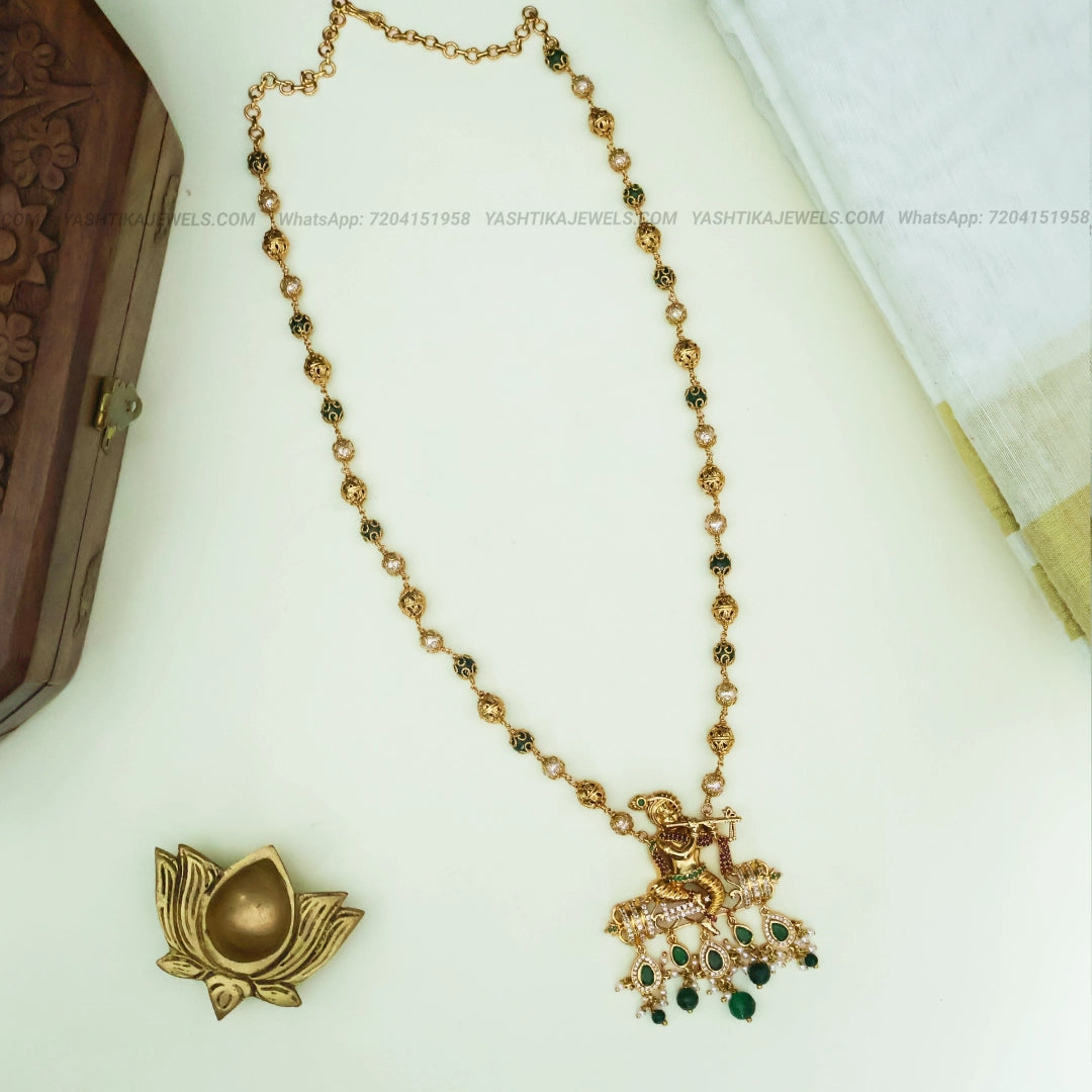 Krishna Flute Pendant Long Chain | Pearl & Emerald Beads