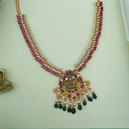 Handmade Lakshmi temple jadau neckpiece with ruby and emerald drop detailing