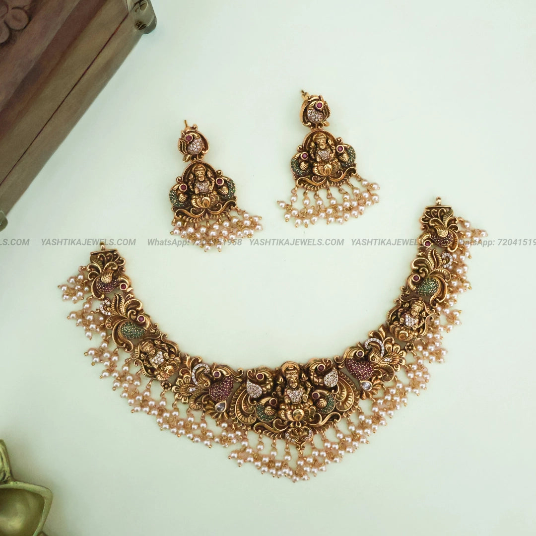 Antique Gold Finish Peacock & Lakshmi Necklace Set | Temple Designer Necklace