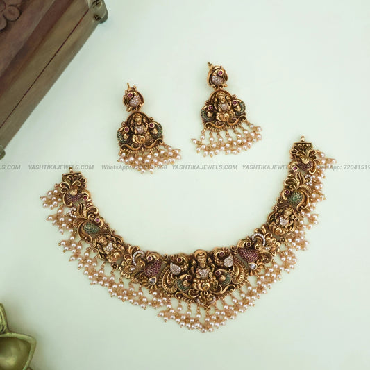 Antique Gold Finish Peacock & Lakshmi Necklace Set | Temple Designer Necklace