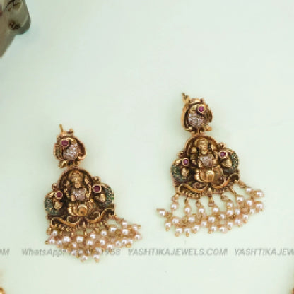 Antique Gold Finish Peacock & Lakshmi Necklace Set | Temple Designer Necklace