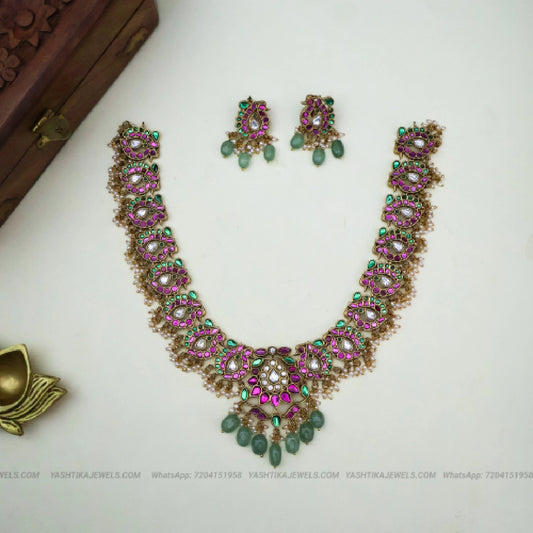 Peacock Jadau Statement Necklace Set with Earrings | Yazhi
