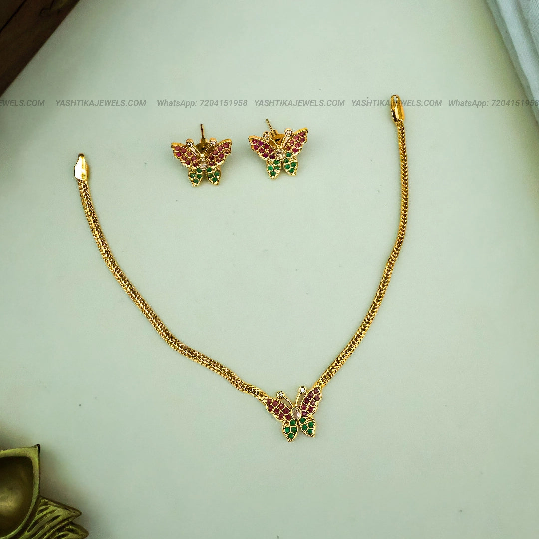 Butterfly attigai necklace with ruby and emerald stone wings
Matching earrings for butterfly attigai necklace set