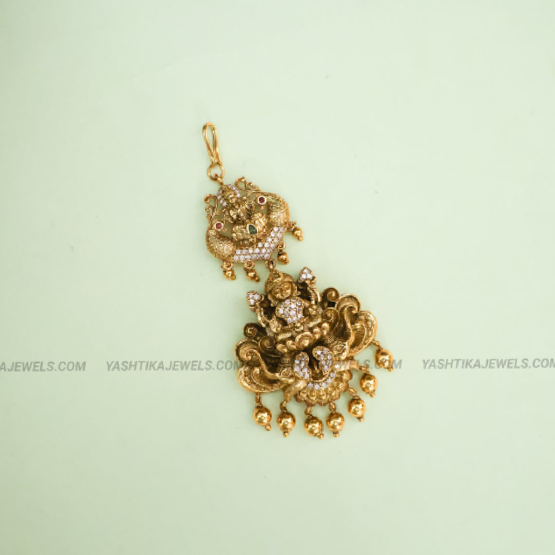 Antique Gold Lakshmi Peacock Maang Tikka | Temple Jewelry Nagasi Tikka