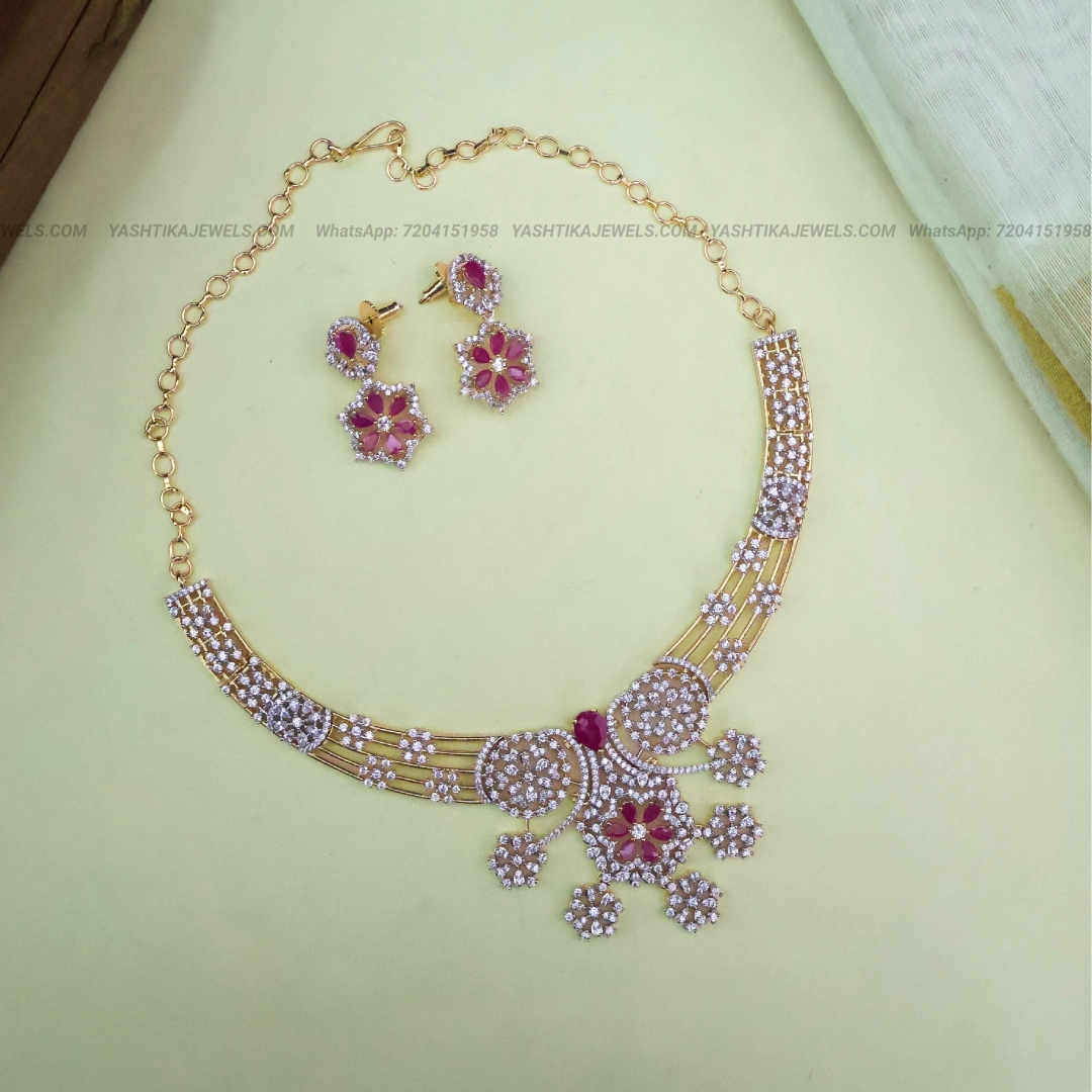Nira Floral Ruby CZ Necklace Set with Earrings | Party Wear